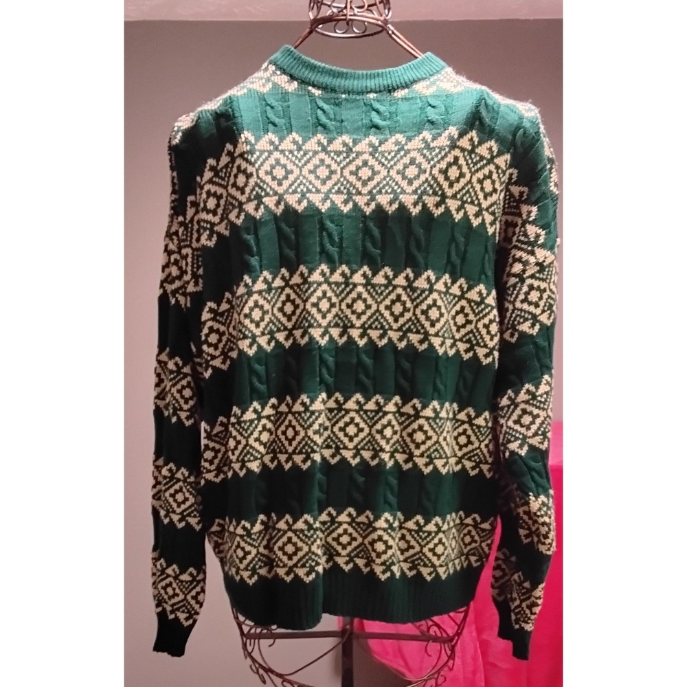 Grandpa Guy Green Fair Isle Knit Sweater Cable Knit Vintage Warm Winter Pullover